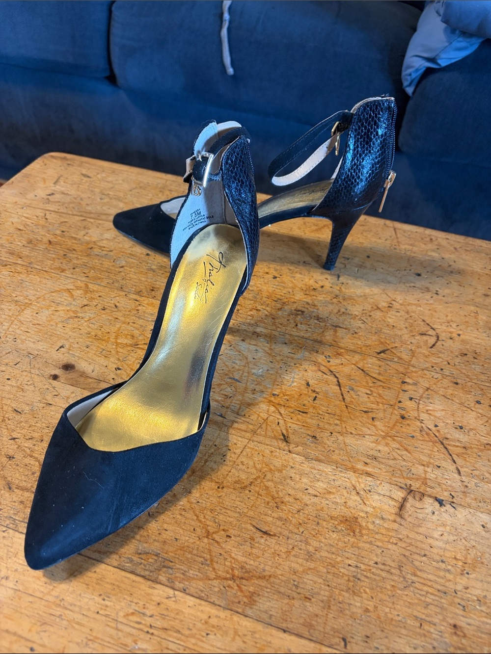 Thalia Sodi Black Pointed-Toe Ankle-Strap Heels with Gold Insole